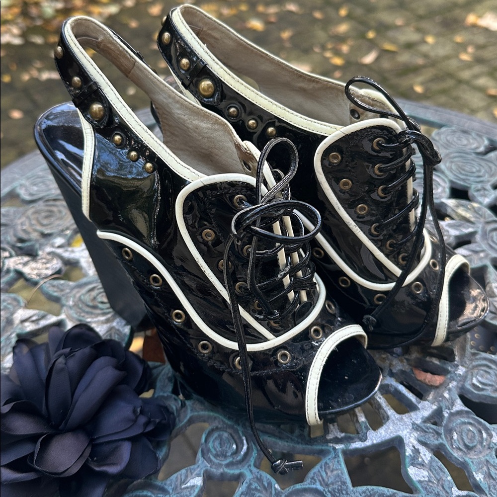 Perfect soft Goth. Authentic Kathryn Amberleigh, NY, lace up shiny slingbacks